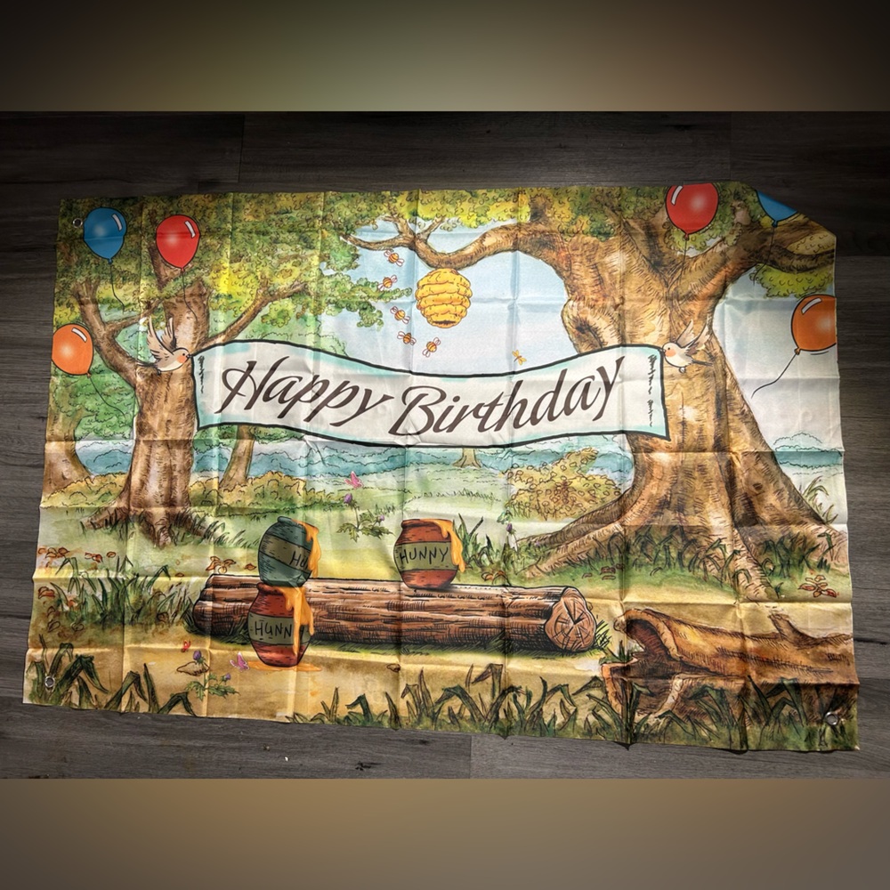 Winnie Pooh ‘Honey Jar’Happy Birthday Backdrop, 3 x 5 , Hand-Drawn Spring Forest